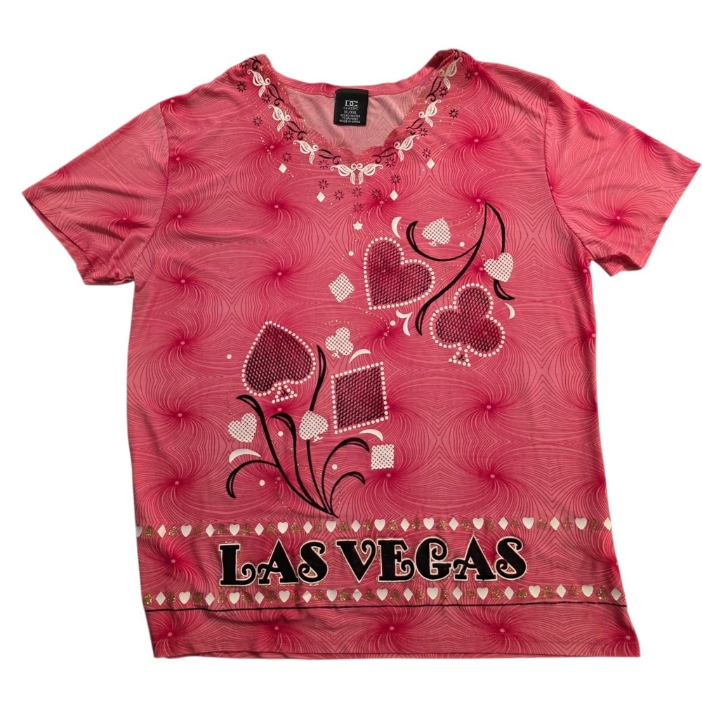 DC Classic Las Vegas Blouse‎ Glitter Bling Scalloped V-Neck Pink Womens XL/XXL